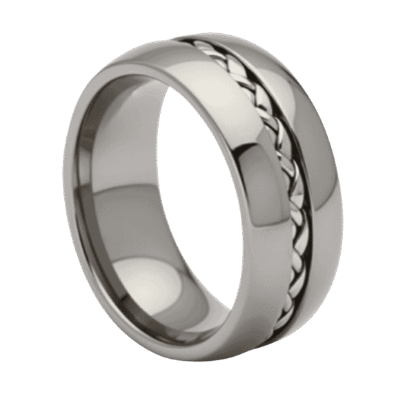 Fashion ring for men in silver tungsten with braided groove, doubles as a wedding band or anniversary ring for guys.