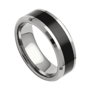Mens tungsten wedding band, black ring with polished silver bevelled edges, ideal engagement ring or statement ring for him