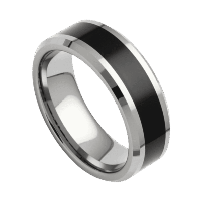 Mens tungsten wedding band, black ring with polished silver bevelled edges, ideal engagement ring or statement ring for him