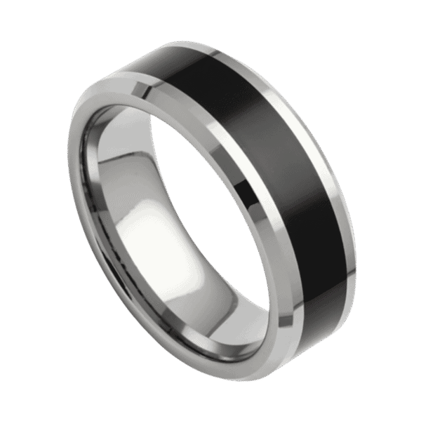 Mens tungsten wedding band, black ring with polished silver bevelled edges, ideal engagement ring or statement ring for him