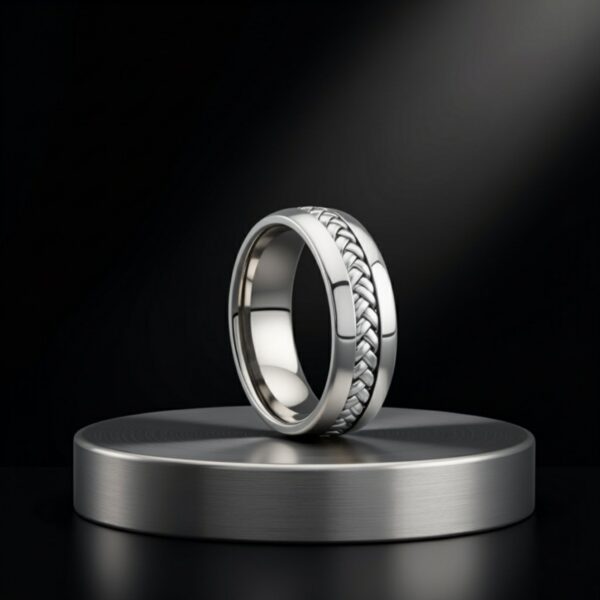 Eternity ring for guys in silver tungsten with braided groove, mans tungsten ring with custom engraving.