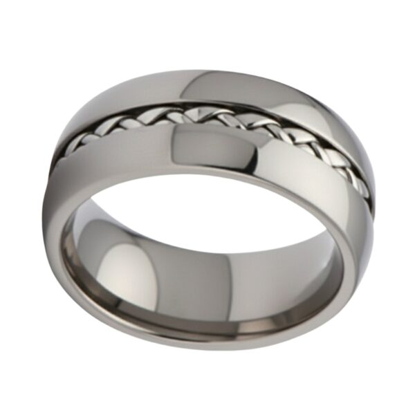 A silver mans tungsten ring with a central braided groove, designed as a versatile mens tungsten wedding band, promise ring, eternity ring, or fashion statement ring for him with custom engraving.