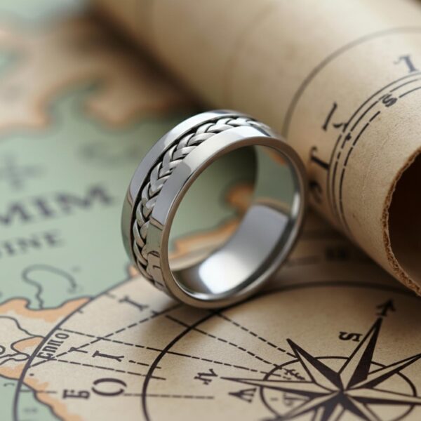 Promise ring for him in silver tungsten with braided groove, mens tungsten wedding band and fashion ring.