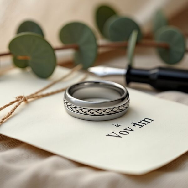 Silver tungsten ring with braided groove, versatile mens wedding band, engagement ring, or eternity ring with custom engraving.