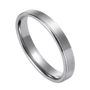 A close up image of a slim style ring for men. This is a silver titanium ring. It has a brushed centre section and stepped polished edges.