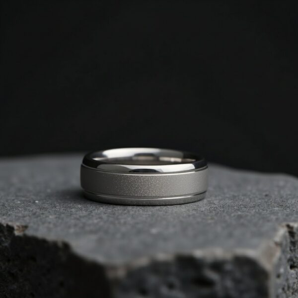 Gents domed white gold tungsten ring with sandblasted centre, perfect as a wedding band, eternity ring, or statement ring.