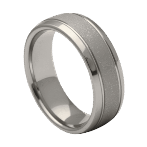 A domed white gold mans tungsten ring with polished edges and a sandblasted centre, ideal as a mens wedding band or engagement ring