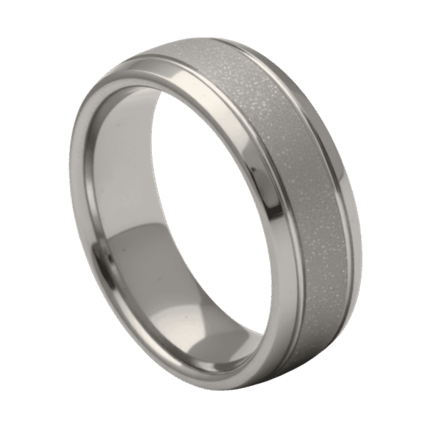 A domed white gold mans tungsten ring with polished edges and a sandblasted centre, ideal as a mens wedding band or engagement ring