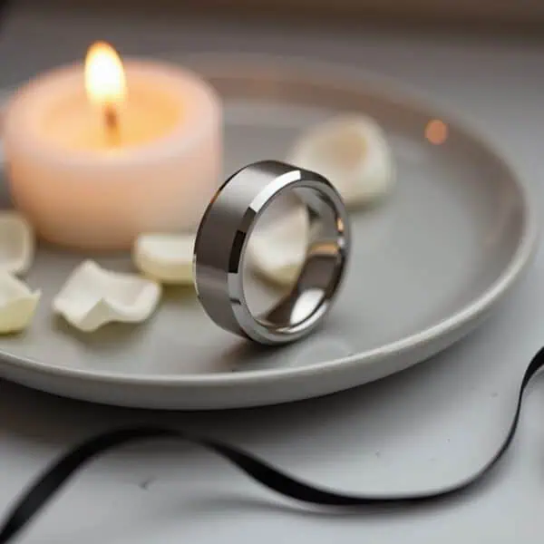 Brushed white gold tungsten band for gents with polished bevelled edges. A versatile ring that is well suited as both a mens wedding band, or as anniversary ring for males