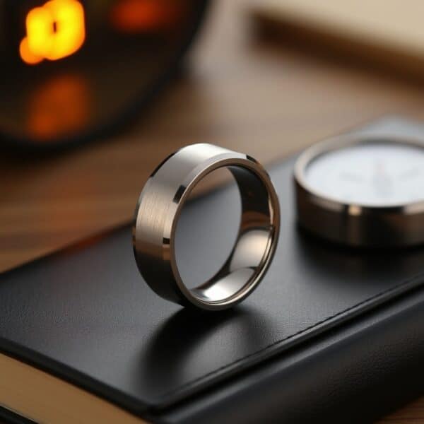 Men’s white gold tungsten ring with brushed centre section and polished edges. Perfectly suited as a mens wedding band, engagement ring, or anniversary gift for men