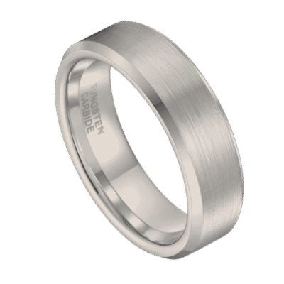 White gold tungsten men’s wedding band with brushed centre and polished bevelled edges