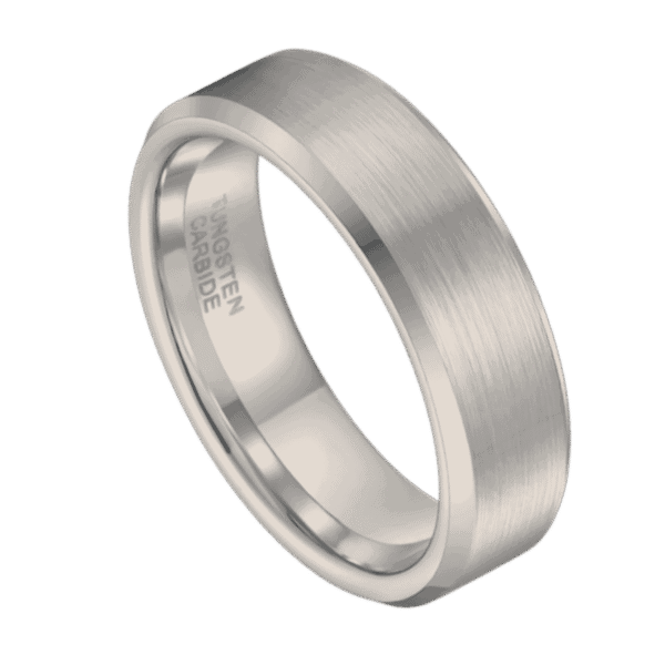 White gold tungsten men’s wedding band with brushed centre and polished bevelled edges