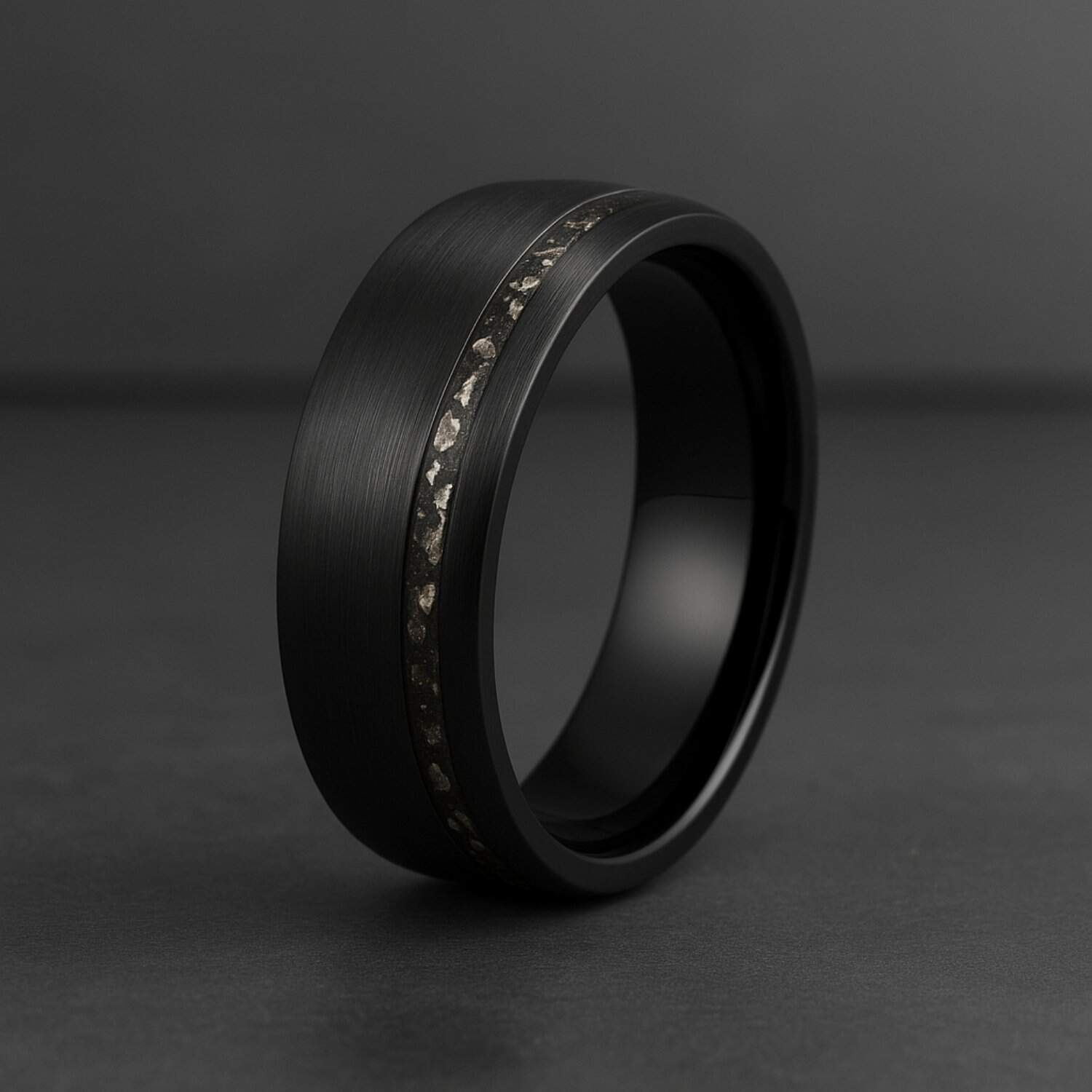 The Drift black meteorite tungsten ring for men, durable wedding or anniversary band with engraving.