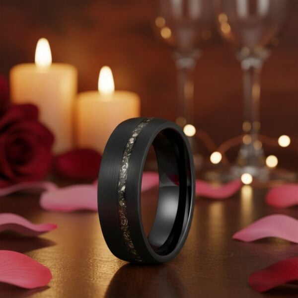 Black tungsten meteorite ring for men, eternity and promise band with brushed finish and personalised engraving option.