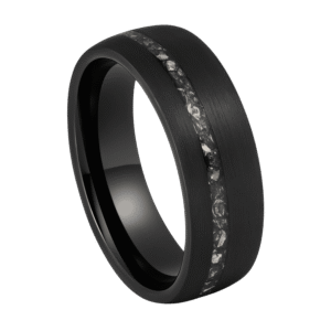 A brushed black tungsten ring for men featuring a groove of faux meteorite, elegant gents wedding band with custom engraving.