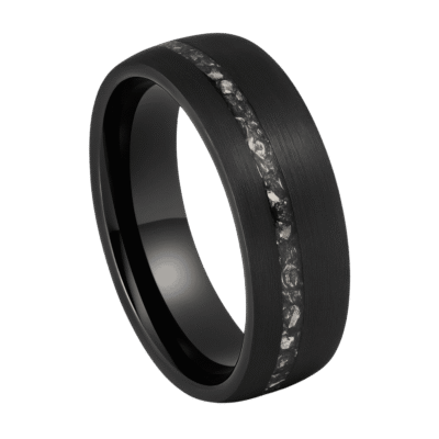 A brushed black tungsten ring for men featuring a groove of faux meteorite, elegant gents wedding band with custom engraving.