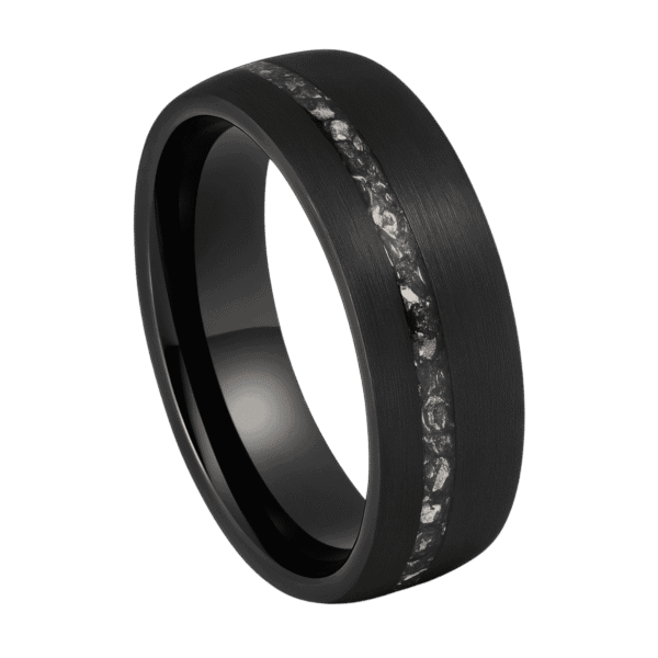 A brushed black tungsten ring for men featuring a groove of faux meteorite, elegant gents wedding band with custom engraving.