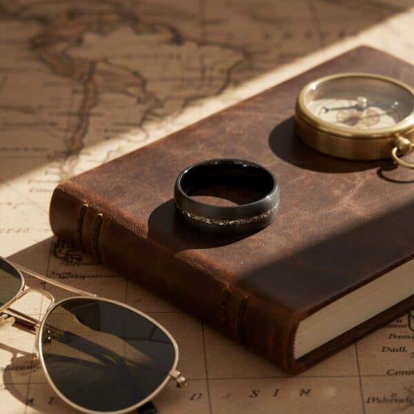 Mens tungsten wedding band in brushed black with meteorite inlay, perfect gents engagement or eternity ring.