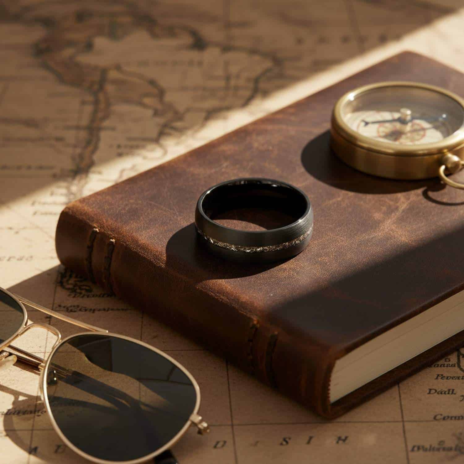 Mens tungsten wedding band in brushed black with meteorite inlay, perfect gents engagement or eternity ring.