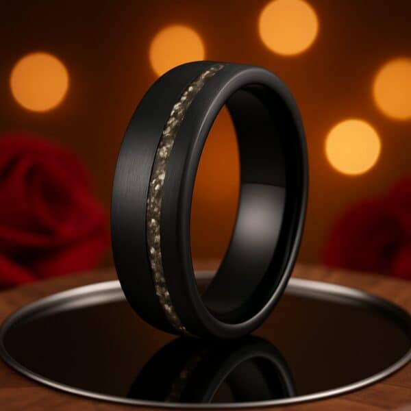 Black brushed tungsten mens ring with meteorite detail, modern wedding or anniversary band for guys.