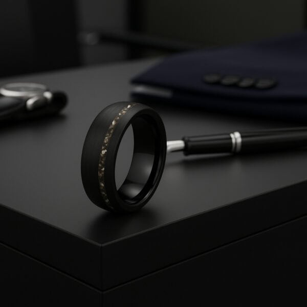 Black brushed tungsten meteorite ring for men, stylish gents wedding or statement band with custom engraving.
