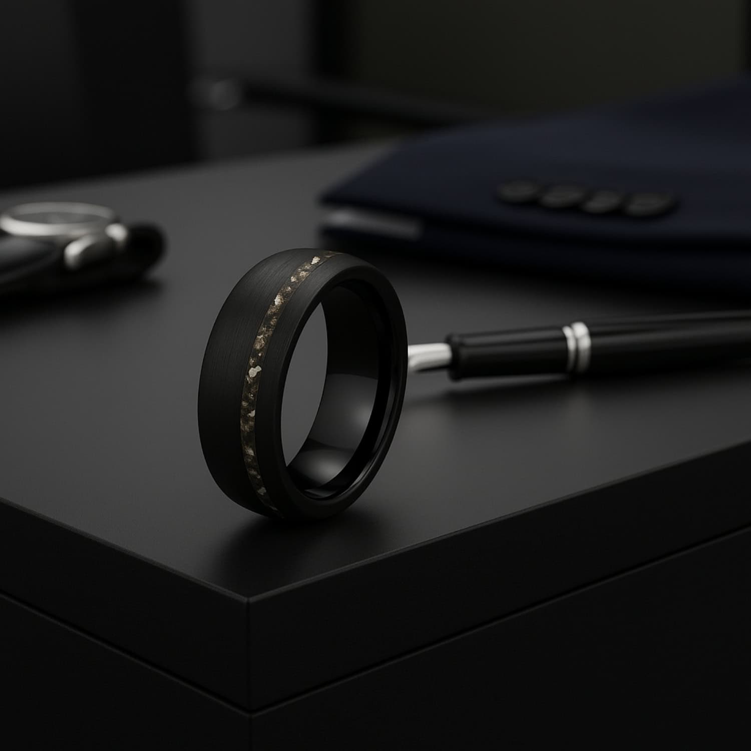 Black brushed tungsten meteorite ring for men, stylish gents wedding or statement band with custom engraving.