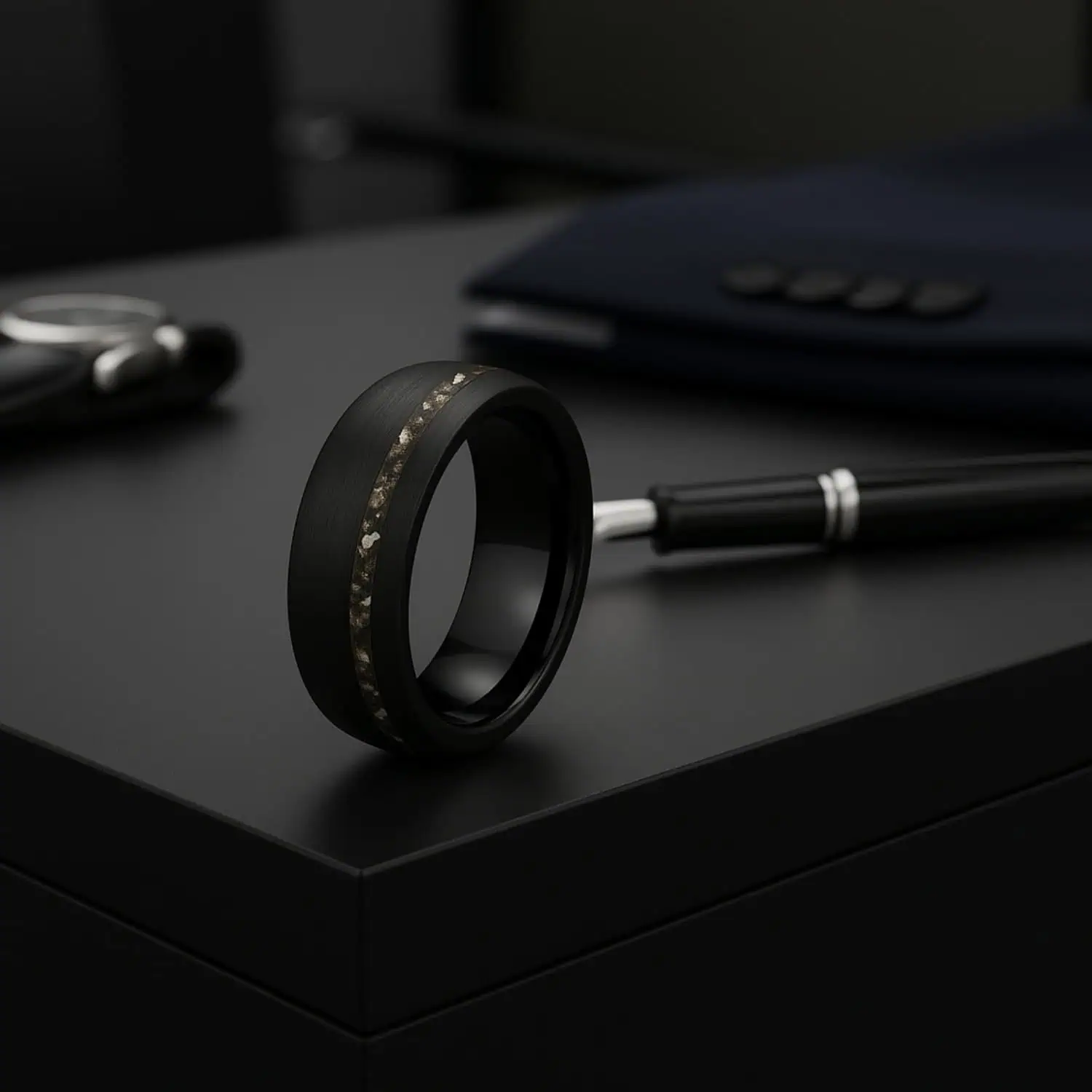 Black brushed tungsten meteorite ring for men, stylish gents wedding or statement band with custom engraving.