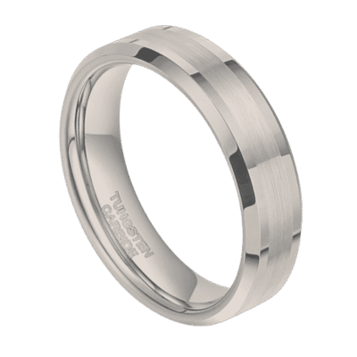 A brushed white gold tungsten men’s wedding band with polished bevelled edges and engraving option.