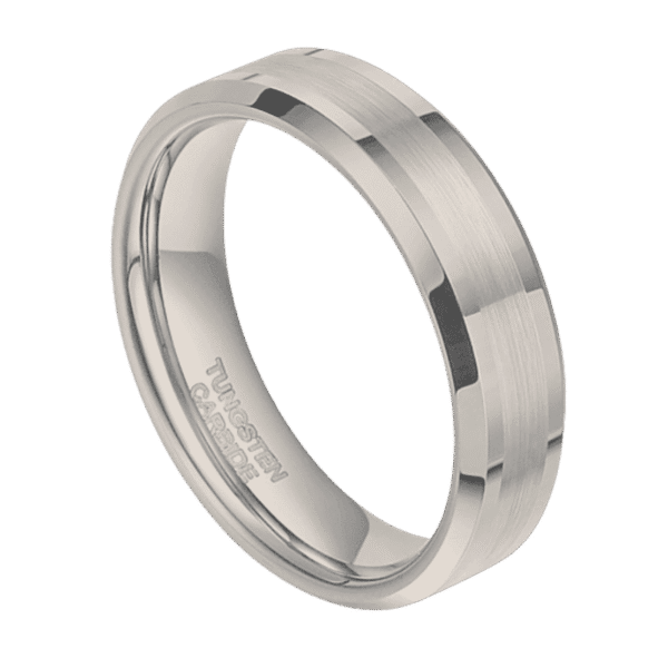 A brushed white gold tungsten men’s wedding band with polished bevelled edges and engraving option.