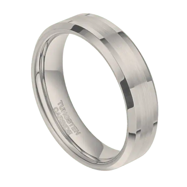 A brushed white gold tungsten men’s wedding band with polished bevelled edges and engraving option.