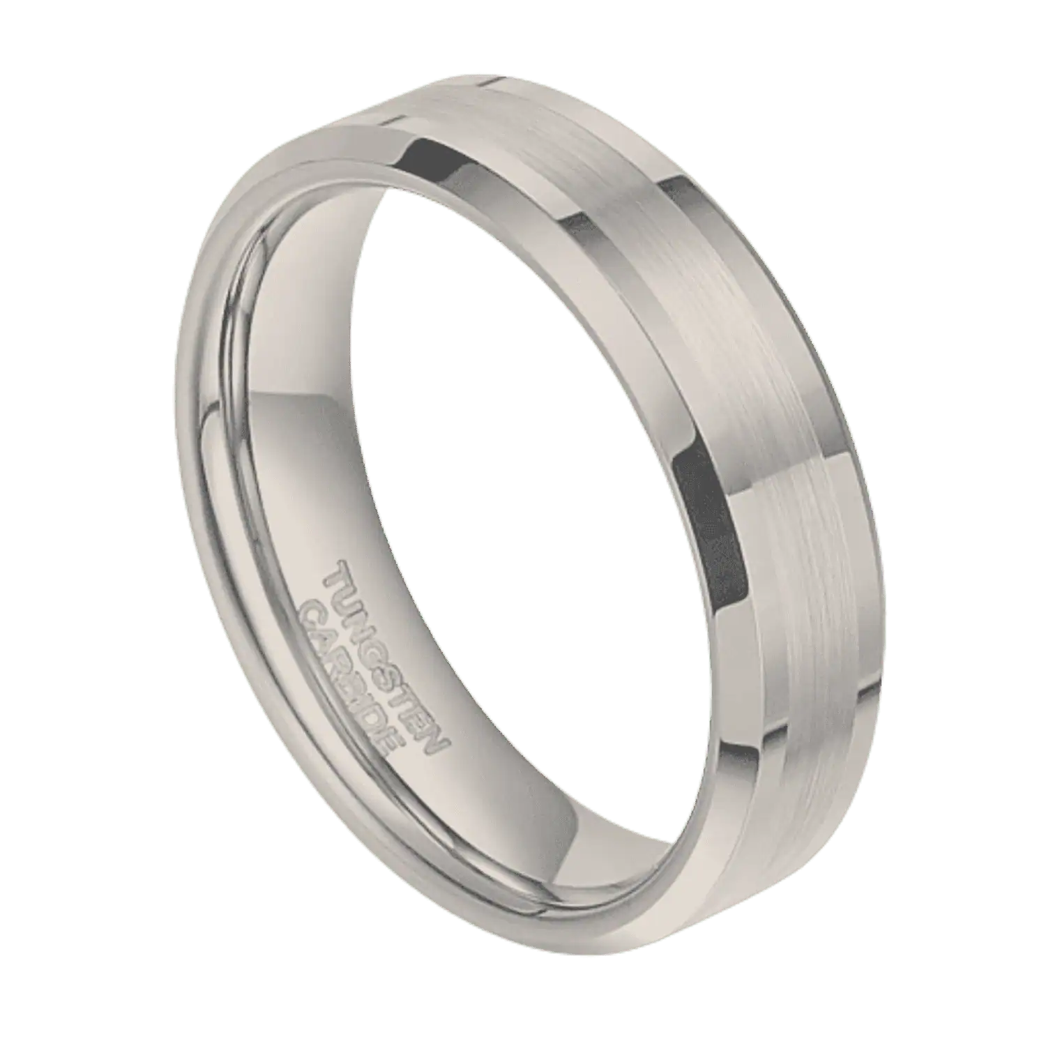 A brushed white gold tungsten men’s wedding band with polished bevelled edges and engraving option.