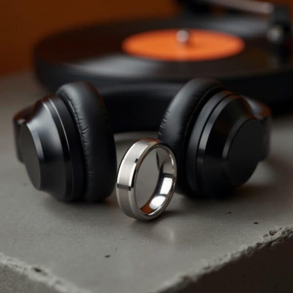 A brushed white gold tungsten men’s wedding band with polished bevelled edges and engraving option.