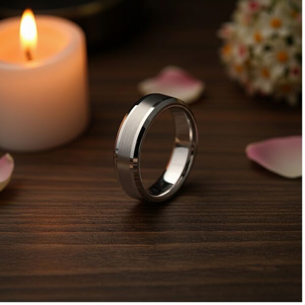 A men’s white gold tungsten fashion ring with a brushed centre and polished bevelled edges, perfect for personalisation.
