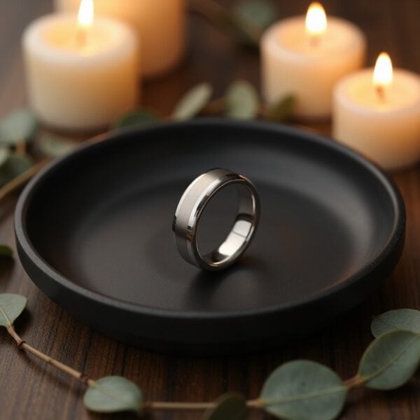 Men’s tungsten white gold ring with a brushed centre, polished edges, and engraving option for a timeless anniversary gift.