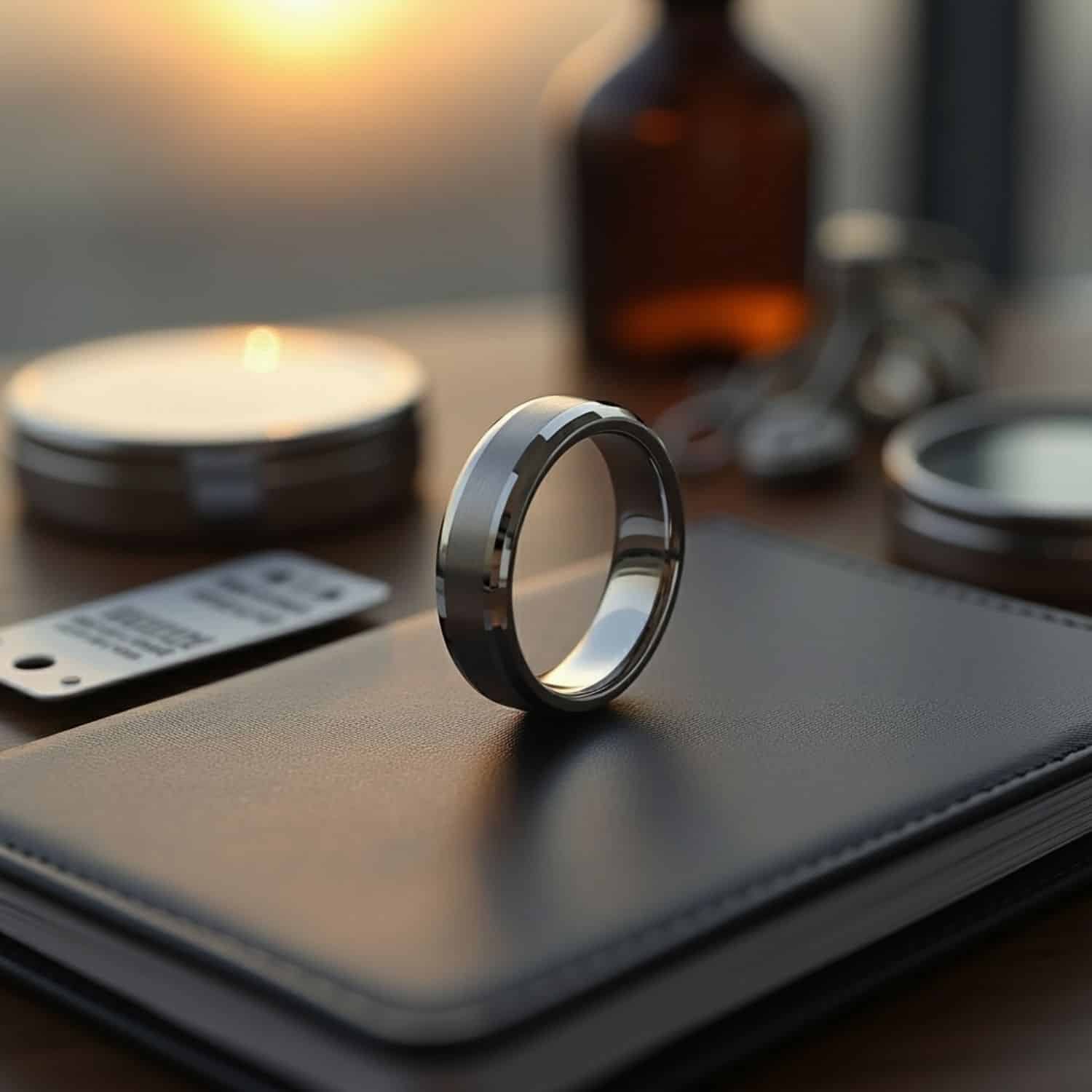 White gold tungsten men’s wedding ring with brushed and polished detailing, designed for durability and custom engraving.