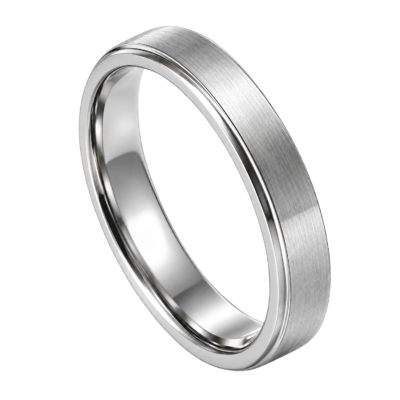 Close-up of a men's slim 4mm silver titanium ring featuring a raised brushed centre and polished stepped edges, isolated on a transparent background.