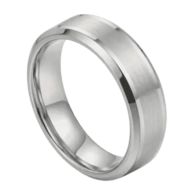 Close-up of the Eminence men's white gold tungsten ring, highlighting the brushed centre, polished sections, and polished bevelled edges against a clean background.