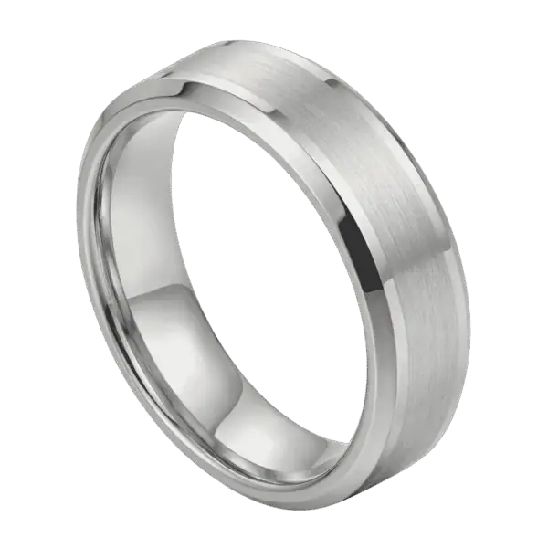 Close-up of the Eminence men's white gold tungsten ring, highlighting the brushed centre, polished sections, and polished bevelled edges against a clean background.