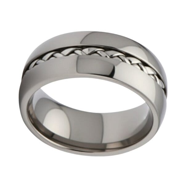 A silver mans tungsten ring with a central braided groove, designed as a versatile mens tungsten wedding band, promise ring, eternity ring, or fashion statement ring for him with custom engraving.