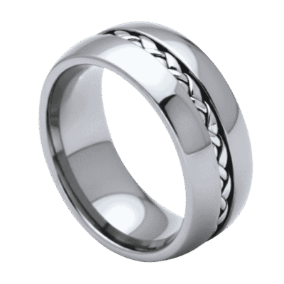 Close-up of the Silver Braid polished silver tungsten ring featuring a woven braid pattern running through the centre of the 8mm band.