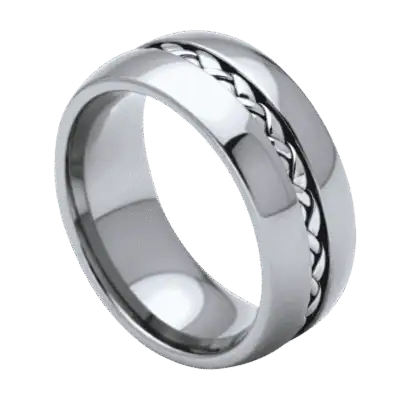 Close-up of the Silver Braid polished silver tungsten ring featuring a woven braid pattern running through the centre of the 8mm band.