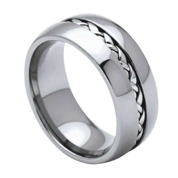 Close-up of the Silver Braid polished silver tungsten ring featuring a woven braid pattern running through the centre of the 8mm band.