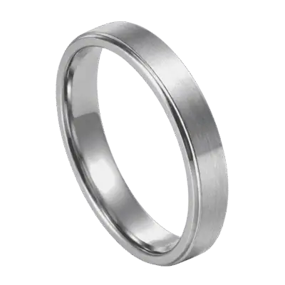 Close-up of the Titan Thin Style 4mm titanium ring showing the brushed silver raised centre and polished stepped edges against a clean background.