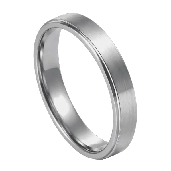 Close-up of the Titan Thin Style 4mm titanium ring showing the brushed silver raised centre and polished stepped edges against a clean background.