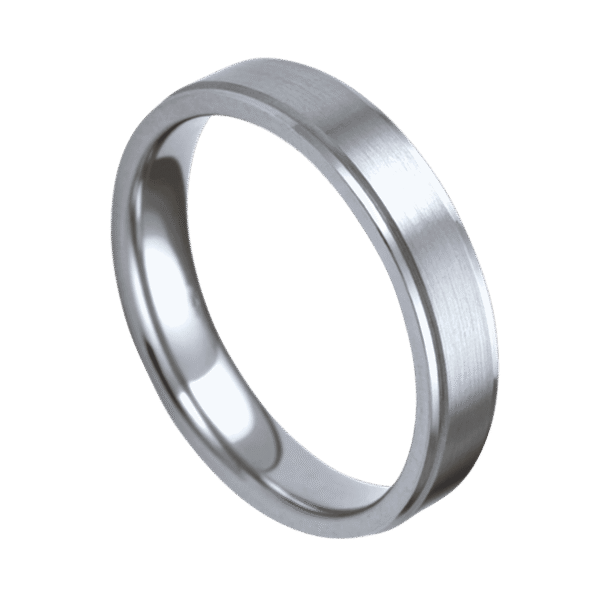 Slim 4mm silver titanium ring for men with brushed centre and polished edges, ideal as a wedding band, engagement ring, or statement ring for him.