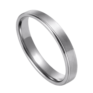 A close up image of a slim style ring for men. This is a silver titanium ring. It has a brushed centre section and stepped polished edges.