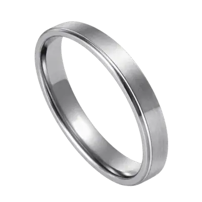 A close up image of a slim style ring for men. This is a silver titanium ring. It has a brushed centre section and stepped polished edges.