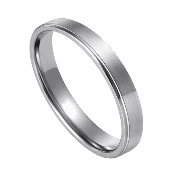 A close up image of a slim style ring for men. This is a silver titanium ring. It has a brushed centre section and stepped polished edges.