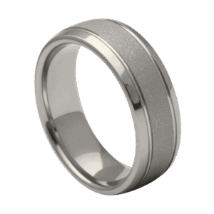 A domed white gold mans tungsten ring with polished edges and a sandblasted centre, ideal as a mens wedding band or engagement ring