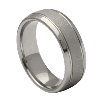 A domed white gold mans tungsten ring with polished edges and a sandblasted centre, ideal as a mens wedding band or engagement ring